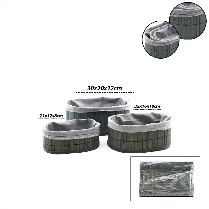 Oval Bambu Kenarlı 3lü Organizer Sepet Seti - Gri