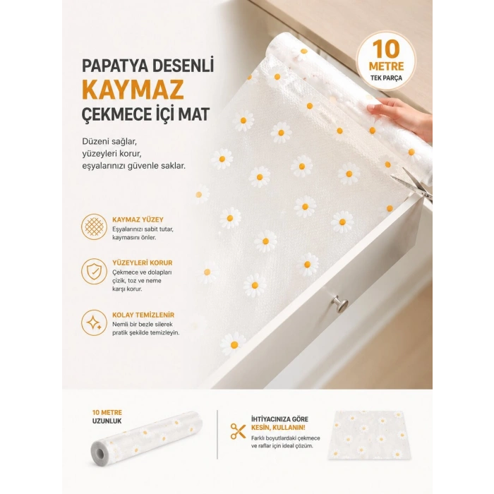 Papatya Desenli Kaymaz Dolap Ve Çekmece İçi Mat 10 Metre