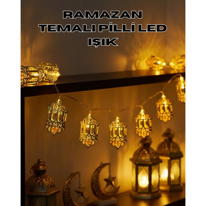 Pilli Ramazan Işıkları Altın Renk Fener Figürlü LED Süsleme