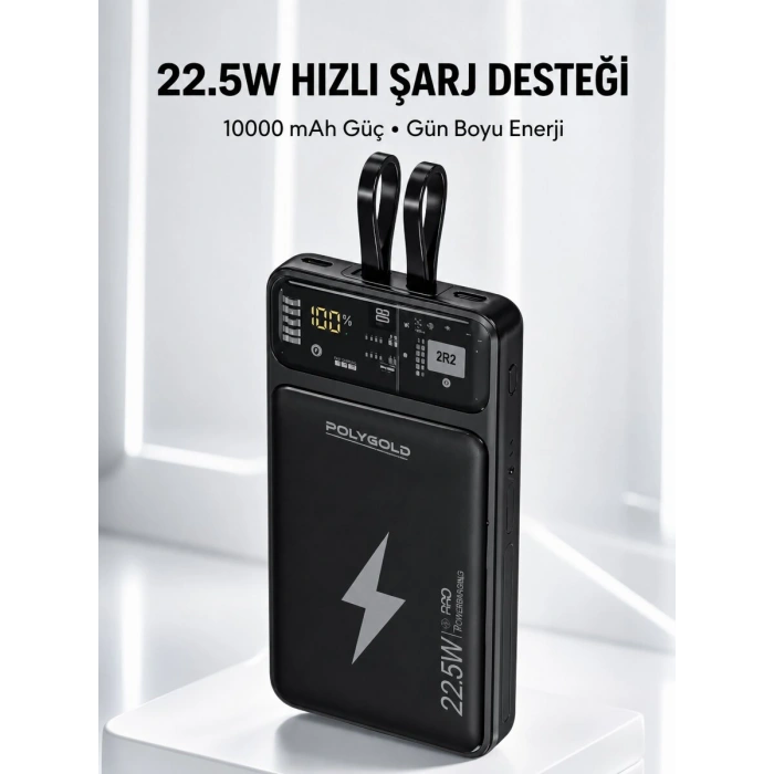 Powerbank Hızlı Şarj 10000 mAh Dahili Kablo Yeni Nesil
