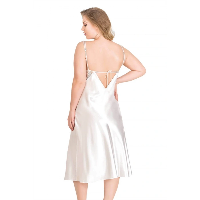 Litae Büyük Beden Ekru Uzun İkili Saten Sabahlık Gecelik Takımı