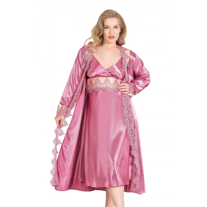 Litae Büyük Beden Gül Kurusu Uzun İkili Saten Sabahlık Gecelik Takımı