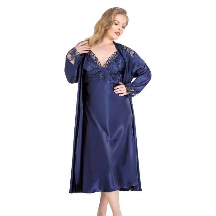 Litae Büyük Beden Lacivert Uzun İkili Saten Sabahlık Gecelik Takımı