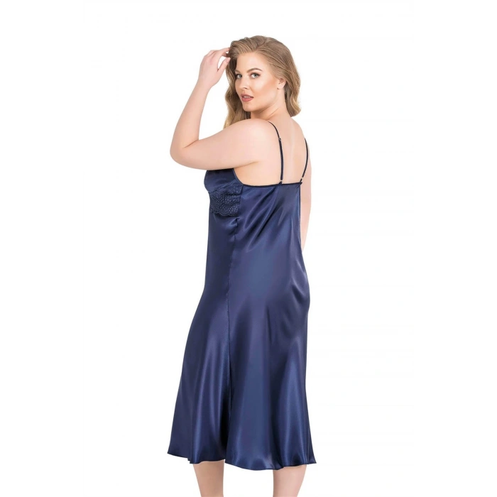 Litae Büyük Beden Lacivert Uzun İkili Saten Sabahlık Gecelik Takımı