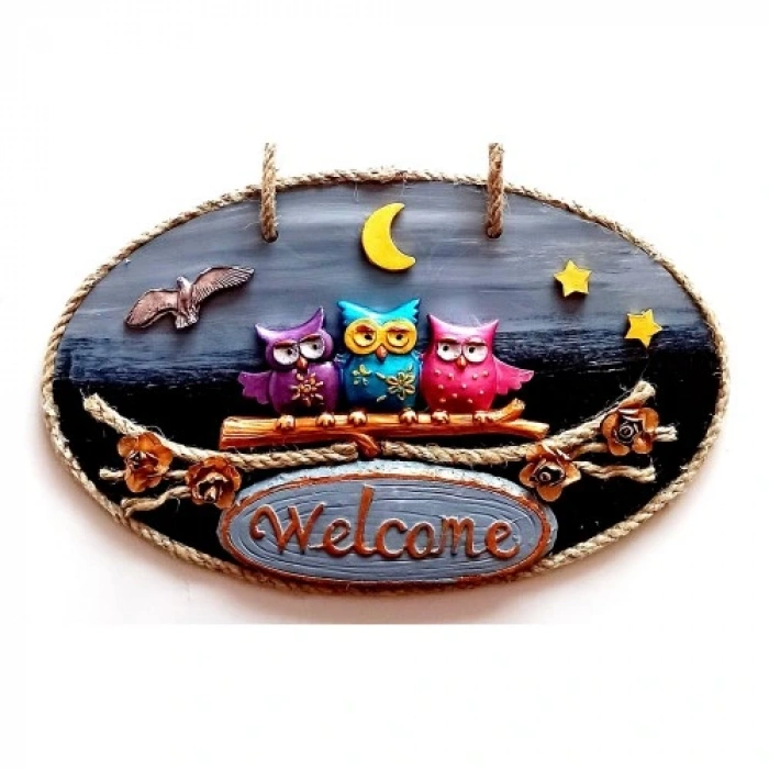 HERŞEYTREND Renkli Baykuşlu Welcome Yazılı El Yapımı Kapı Süsü