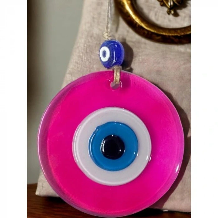 HERŞEYTREND Şeffaf Pembe Nazar Boncuklu Duvar Süsü 10 Cm Cam Duvar Dekoru