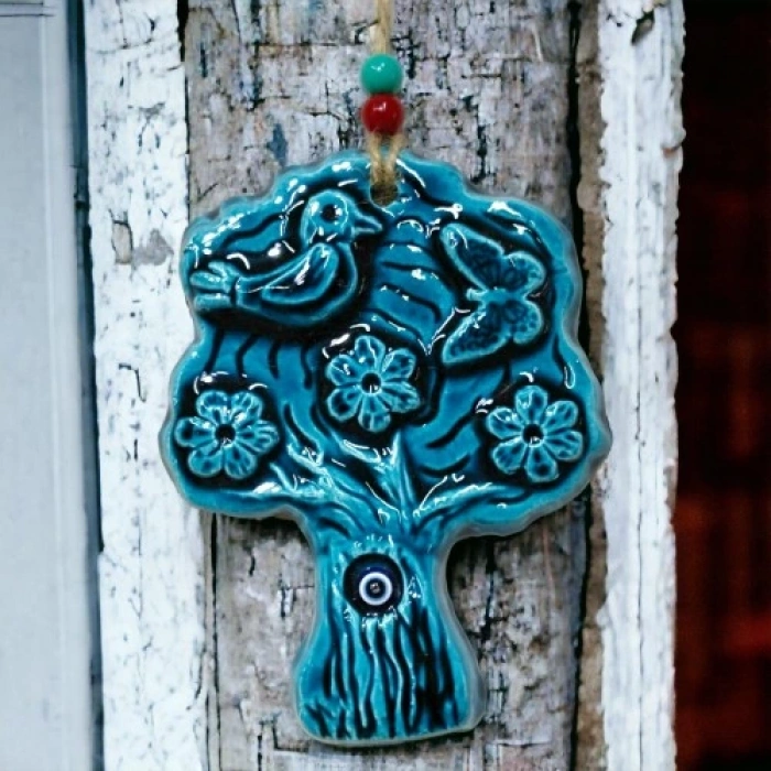 HERŞEYTREND Seramik Kuşlu Nazar Boncuklu Ağaç Modelli Duvar Süsü