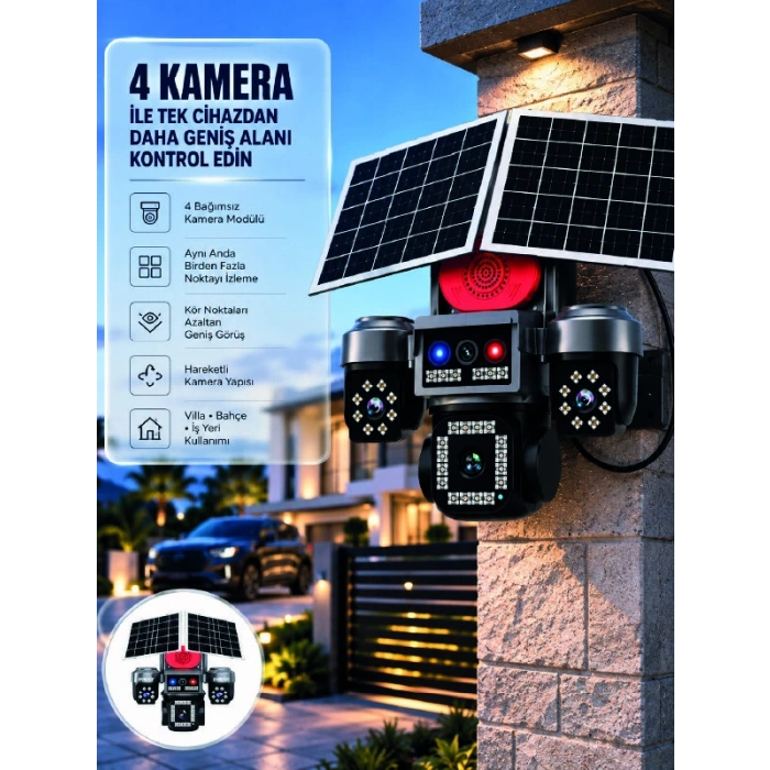 SIM Kart Destekli 4 Kameralı Akıllı Dış Mekan Güvenlik Kamerası