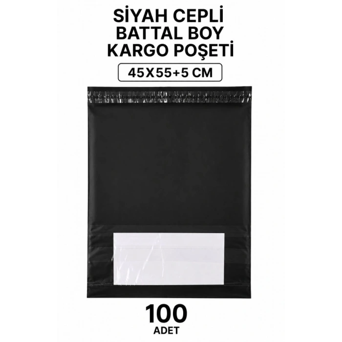 Siyah Cepli Battal Boy Kargo Poşeti 45x55+5 Cm 100 Adet