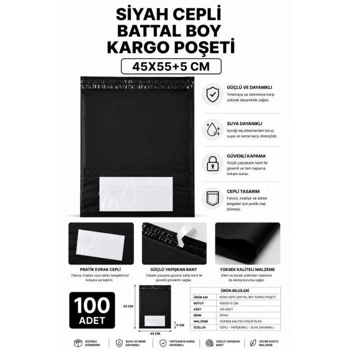 Siyah Cepli Battal Boy Kargo Poşeti 45x55+5 Cm 100 Adet