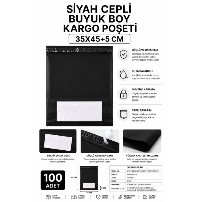 Siyah Cepli Büyük Boy Kargo Poşeti 35x45+5 Cm 100 Adet