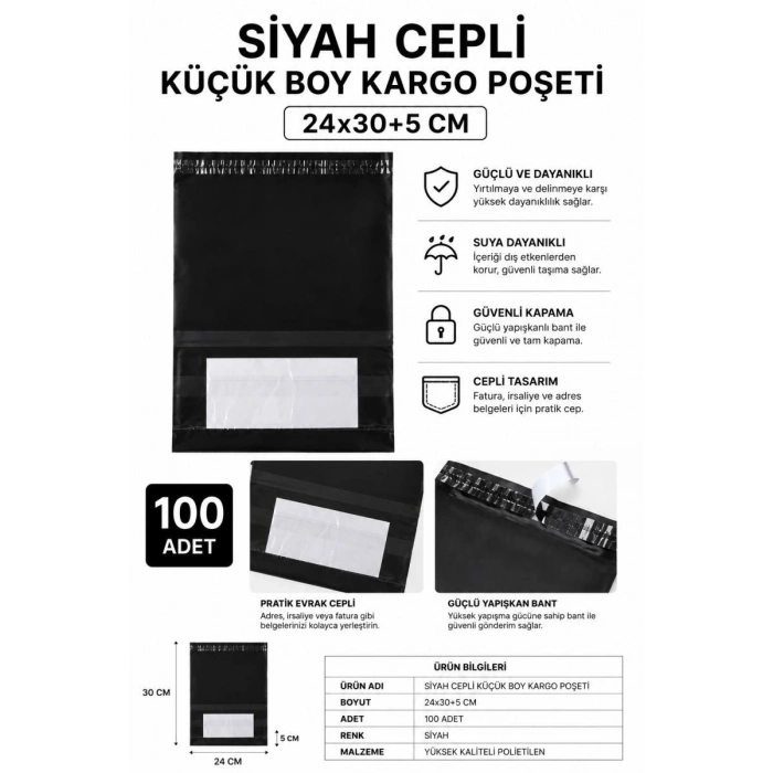 Siyah Cepli Küçük Boy Kargo Poşeti 24x30+5 Cm 100 Adet