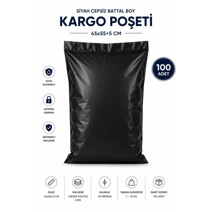 Siyah Cepsiz Battal Boy Kargo Poşeti 45x55+5 Cm 100 Adet
