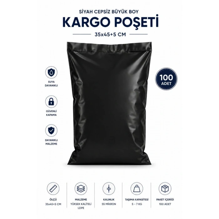 Siyah Cepsiz Büyük Boy Kargo Poşeti 35x45+5 Cm 100 Adet
