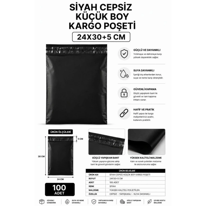 Siyah Cepsiz Küçük Boy Kargo Poşeti 24x30+5 Cm 100 Adet