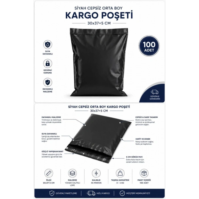 Siyah Cepsiz Orta Boy Kargo Poşeti 30x37+5 Cm 100 Adet
