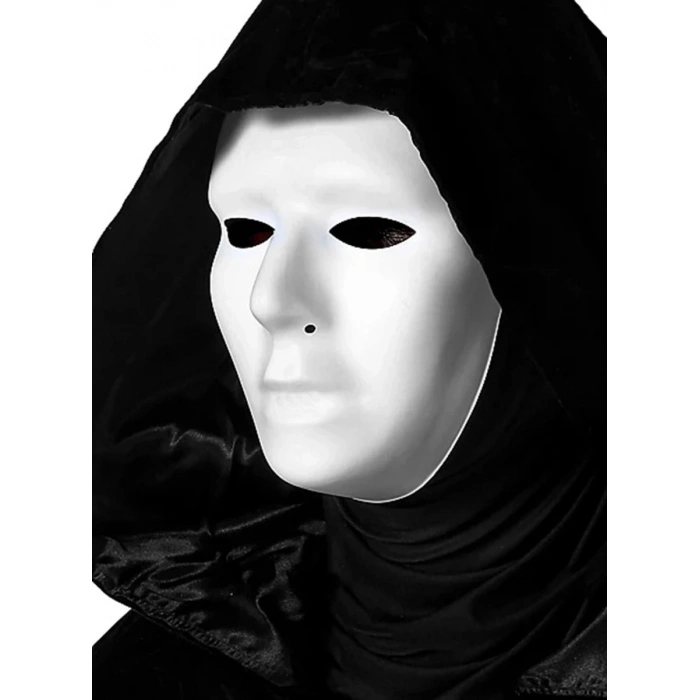 Siyah Kapüşonlu 120 Cm Pelerin Ve Beyaz Boyanabilir Tam Yüz Maske