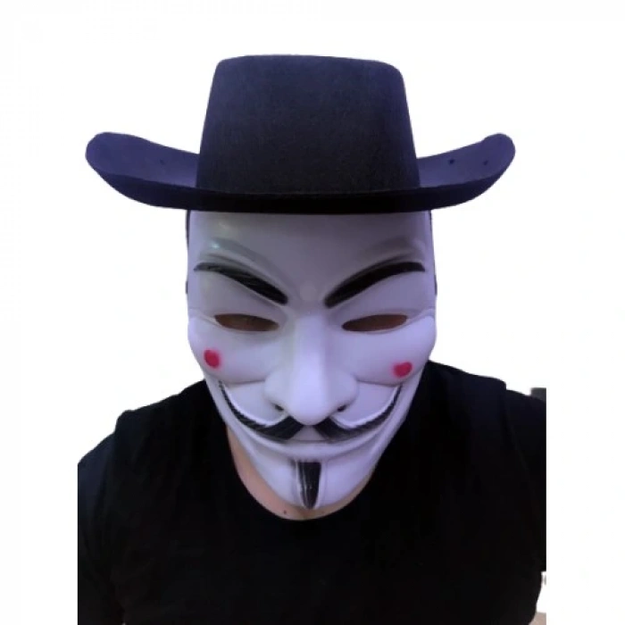 HERŞEYTREND Siyah Renkli Delikli Çocuk Boy Vendetta Şapkası ve Vendetta Maskesi