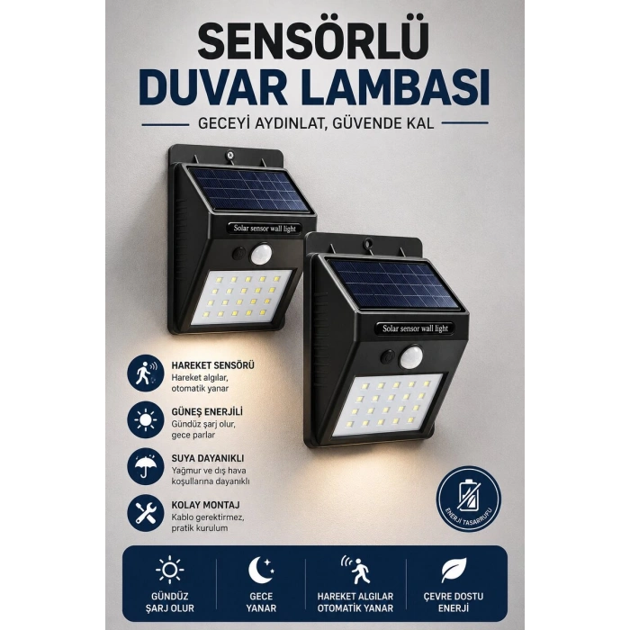 Solar Sensörlü Duvar Lambası Bahçe Lamba 20 Led Işık