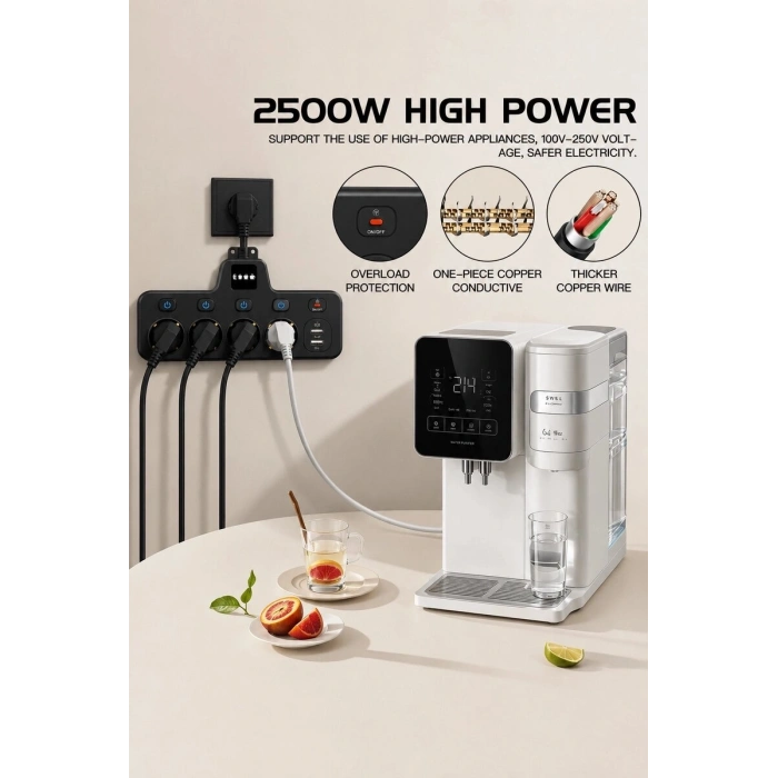 Termal Akım Korumalı 4’lü Duvar Tipi Priz 2x Usb 2x Type-c Çıkışlı Grup Priz Çoğaltıcı Siyah (2500w)