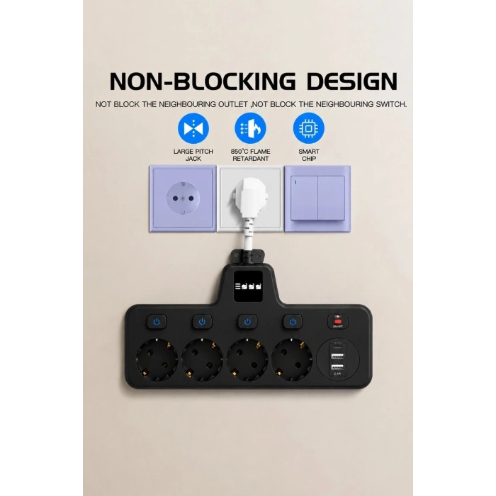 Termal Akım Korumalı 4’lü Duvar Tipi Priz 2x Usb 2x Type-c Çıkışlı Grup Priz Çoğaltıcı Siyah (2500w)