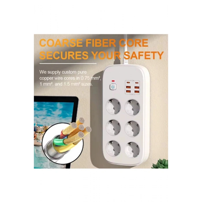 Termal Akım Korumalı 6’lü Priz 4x Usb 2x Type-c Çıkışlı Grup Priz Çoğaltıcı (3500w) Siyah