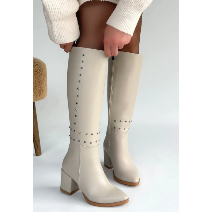 HERŞEYTREND Tiyan Bej Cilt Topuklu Çizme