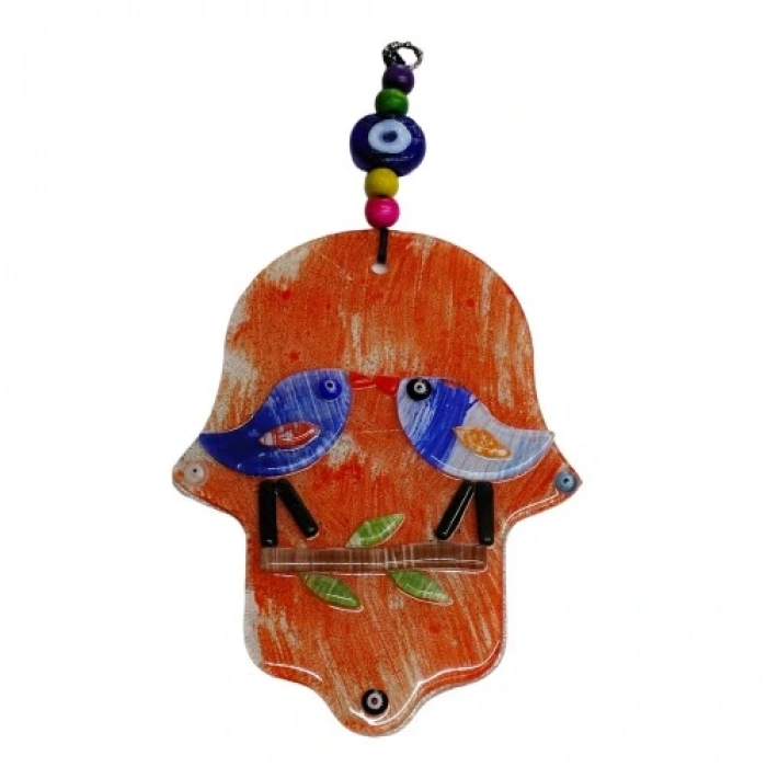 HERŞEYTREND Turuncu Kuşlu Füzyon Cam Fatma Ana Eli Duvar Süsü Kapı Süsü