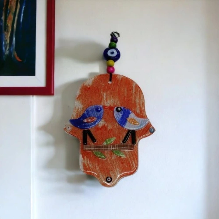 HERŞEYTREND Turuncu Kuşlu Füzyon Cam Fatma Ana Eli Duvar Süsü Kapı Süsü