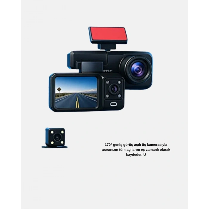 Üç Kameralı Dash Cam 170° Geniş Açılı Full HD Gece Görüşlü