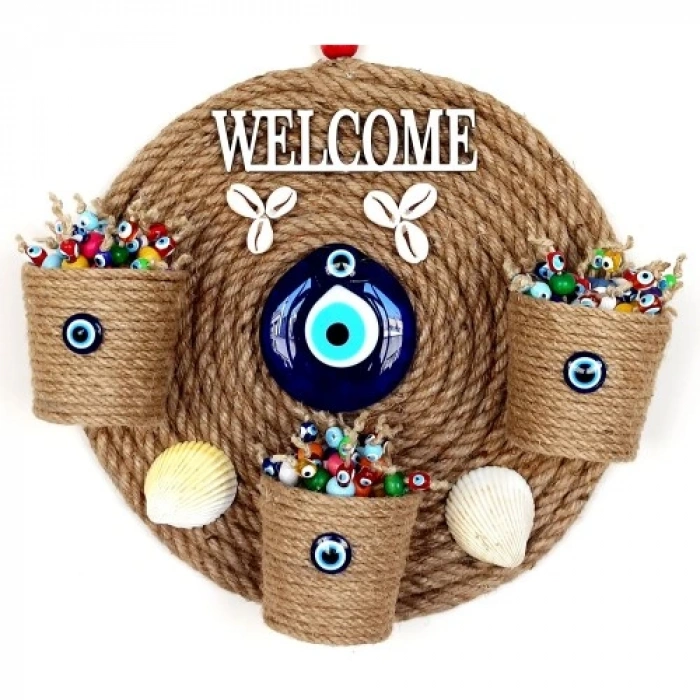 HERŞEYTREND Üç Saksılı Welcome Yazılı Deniz Kabuklu Nazar Boncuklu Hasır Kapı Süsü