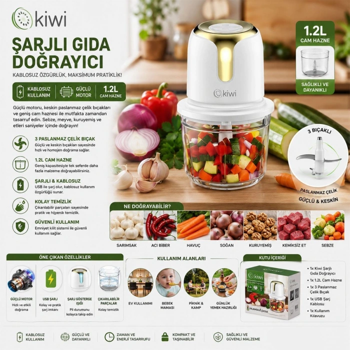 USB Type-C Şarjlı Mini Blender 3 Bıçak 1.2L