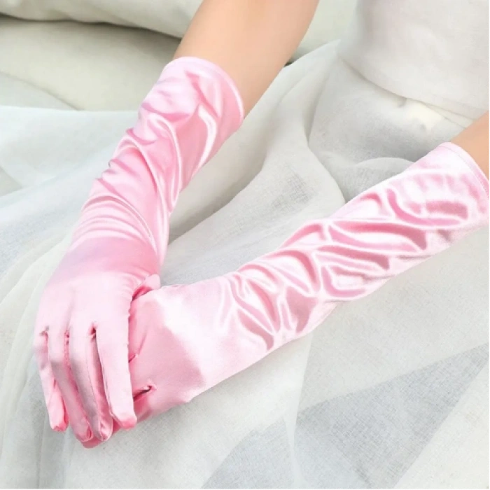 HERŞEYTREND Uzun Boy Ekstra Parlak Saten Eldiven Pembe Renk