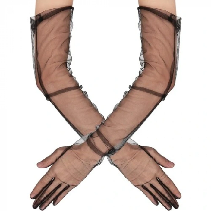 HERŞEYTREND Uzun Boy Likralı Siyah Yetişkin Mega Tül Eldiven