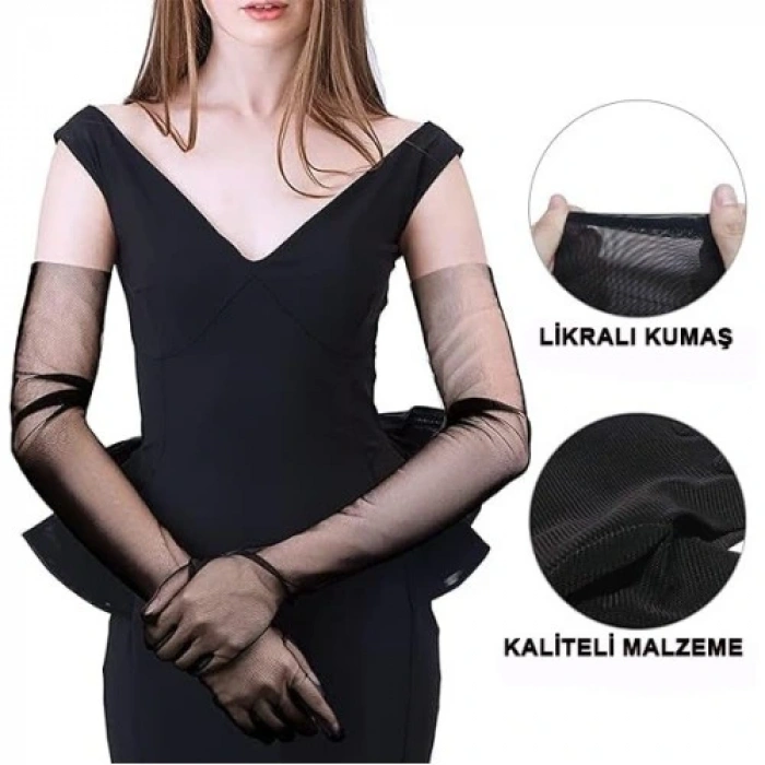 HERŞEYTREND Uzun Boy Likralı Siyah Yetişkin Mega Tül Eldiven