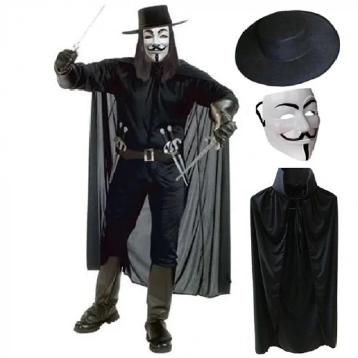 HERŞEYTREND V For Vendetta Maskesi Şapka Pelerin Seti