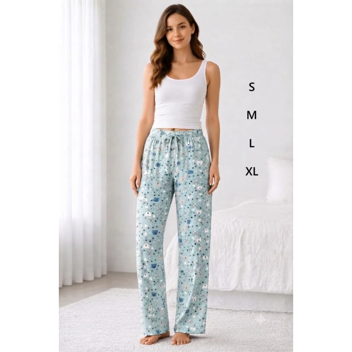 Viskon Pamuklu Kadın Deniz Mavisi Desenli Pijama Pantolon - MG012 - Mudanis