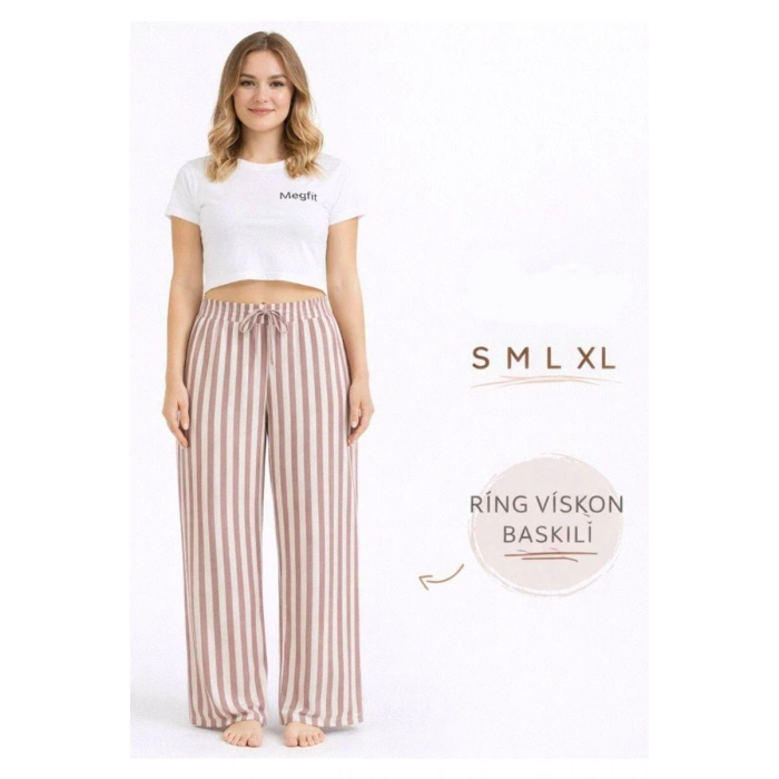 Viskon Pamuklu Kadın Gül Kurusu Çizgili Pijama Pantolon - MG003 - Mudanis