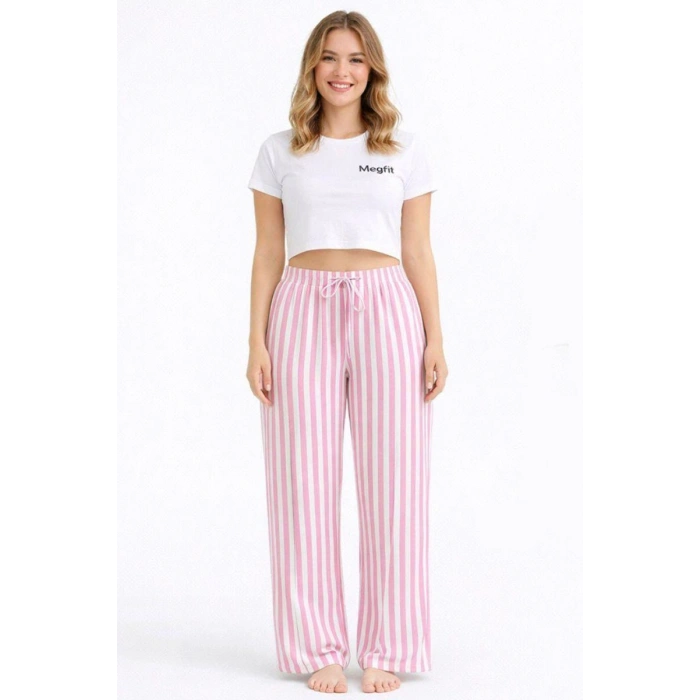 Viskon Pamuklu Kadın Pudra Pembe Çizgili Pijama Pantolon - MG004 - Mudanis
