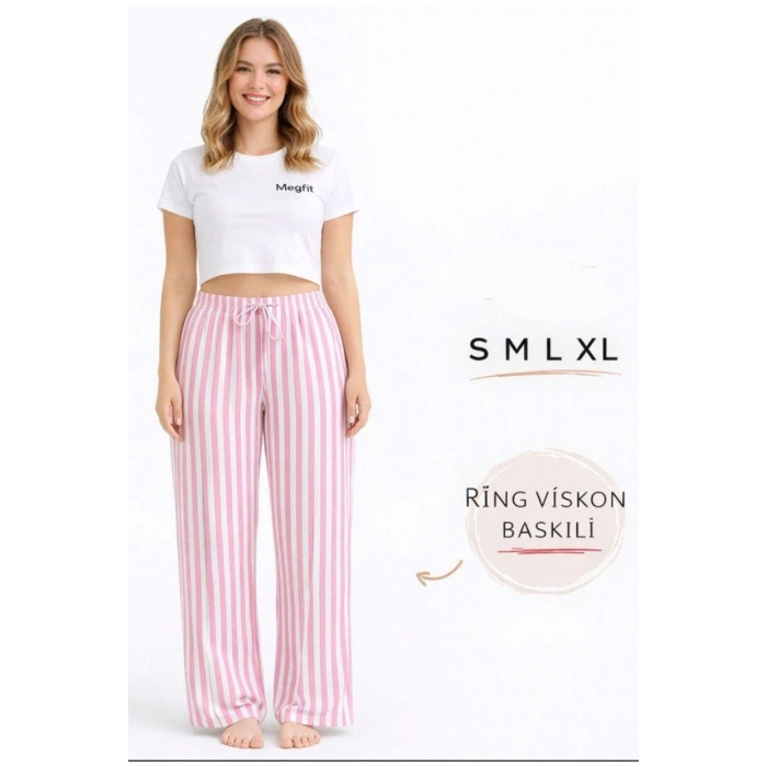 Viskon Pamuklu Kadın Pudra Pembe Çizgili Pijama Pantolon - MG004 - Mudanis