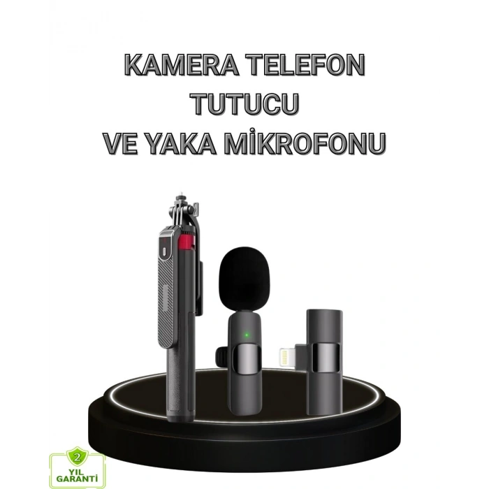 Vlog ve Canlı Yayın İçin Çift Yaka Mikrofonu ve Tripodlu Selfie Çubuğu Seti