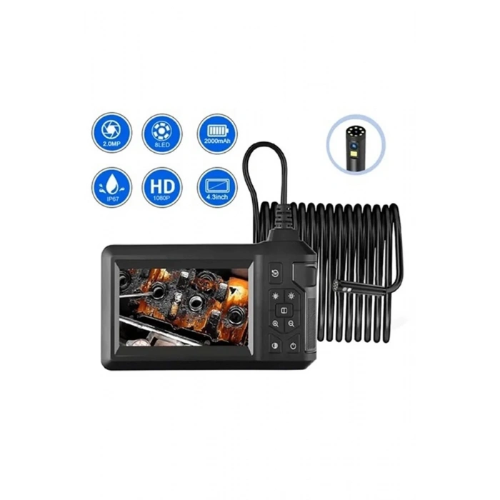 Vtn-008 Ekranlı Çift Kameralı 10 Mt Sert Kablo Yılan Endoskop Kamera 8 Mm 4.3 Inc