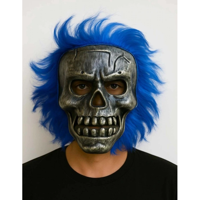 Wild Skull - Gümüş Kafatası Mavi Saçlı İskelet Maske