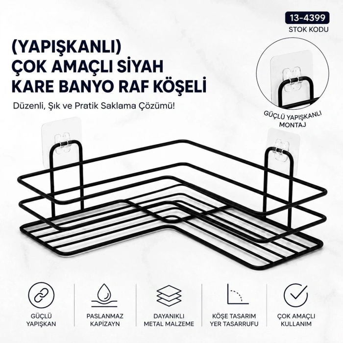 Yapışkanlı Siyah Çok Amaçlı Köşe Banyo Rafı