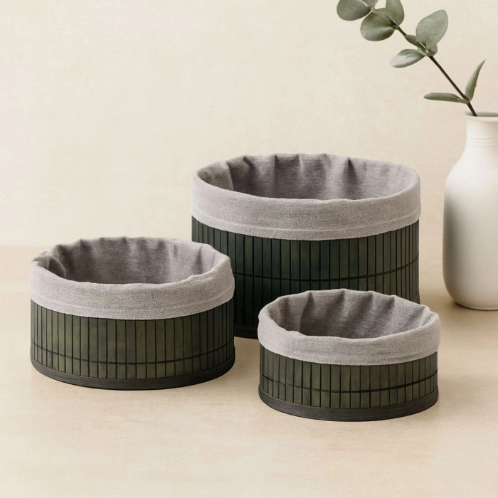 Yuvarlak Bambu Kenarlı Organizer Sepet (Gri, Ahşap Tabanlı)
