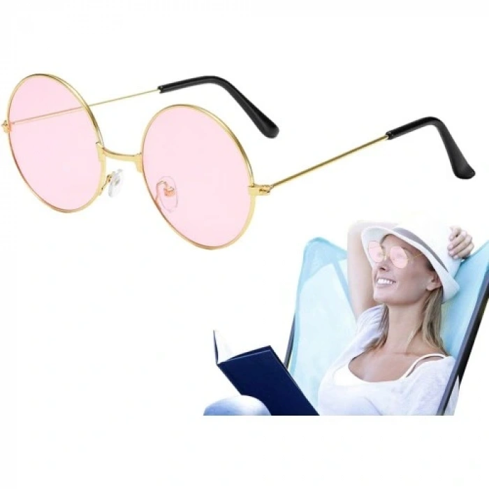 HERŞEYTREND Yuvarlak Cam John Lennon Tarzı Gold Pembe Gözlük