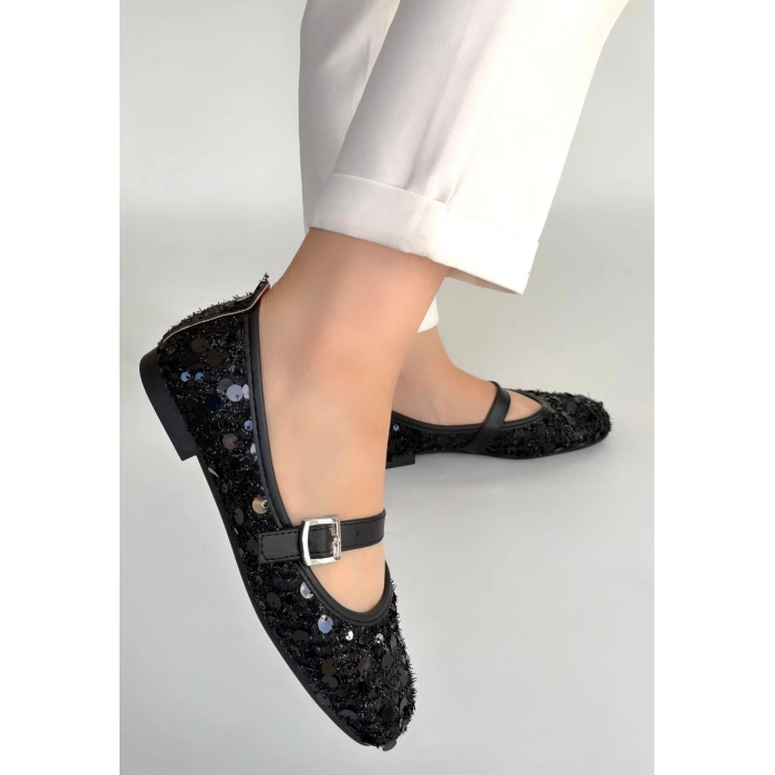 HERŞEYTREND Zaty Siyah Süet Siyah Pullu Babet Ayakkabı