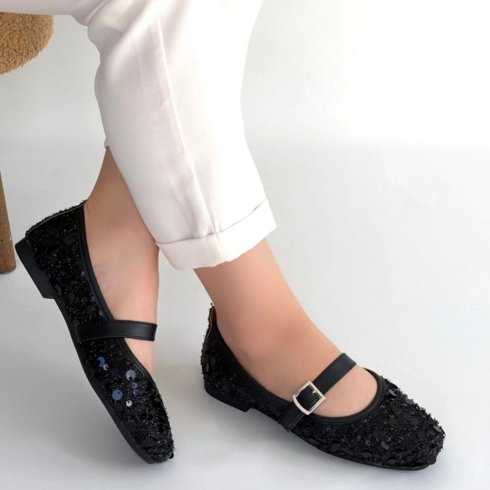 HERŞEYTREND Zaty Siyah Süet Siyah Pullu Babet Ayakkabı