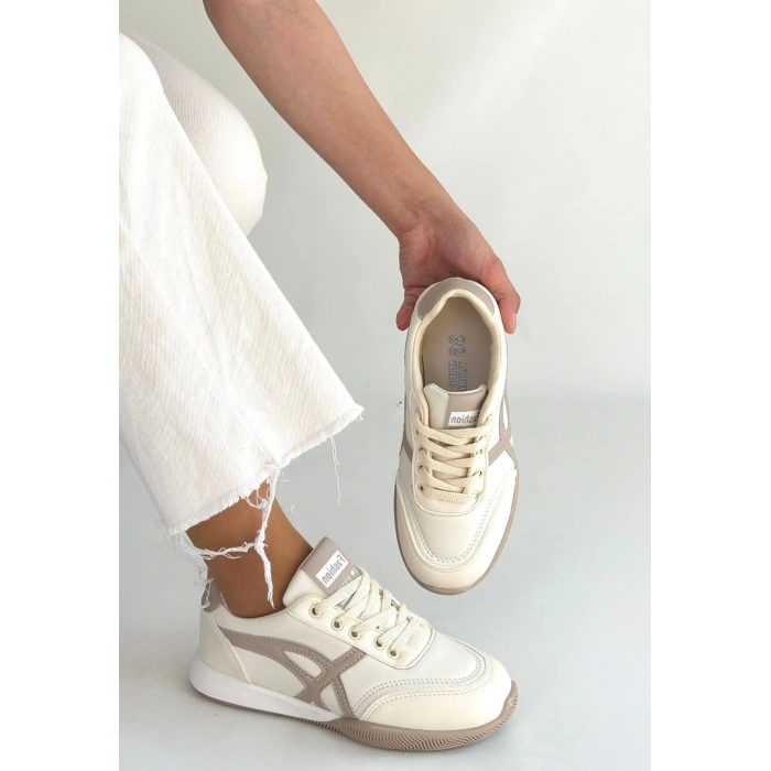 Zlay Bej Cilt Vizon Detaylı Bağcıklı Spor Ayakkabı