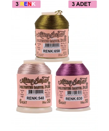 LitaeTrend 3 Adet Altınbaşak Oya ve Dantel İpi 20 gr - Royaleks - No: 548 - 830 - 658